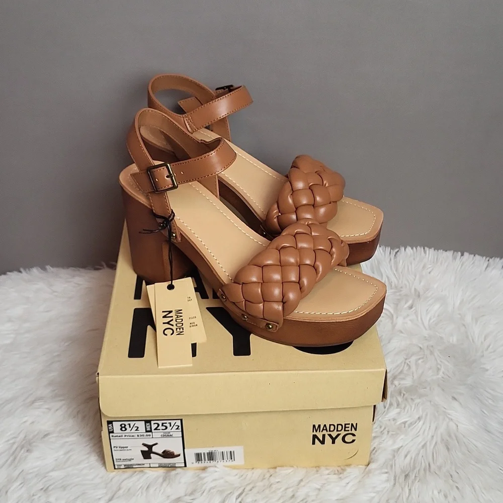 Madden NYC Cognac Braided Heel Sandals Women's Shoe Size 8.5 NIB - Picture 1 of 5